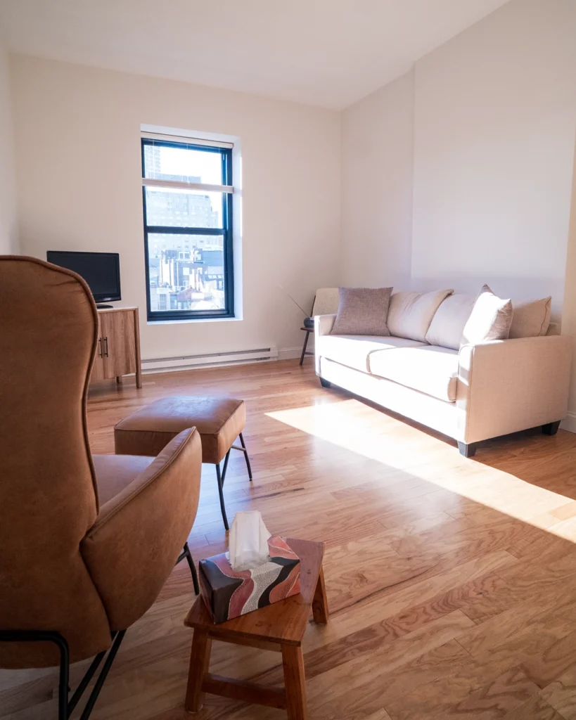 Bright renovated living room with hardwood floors