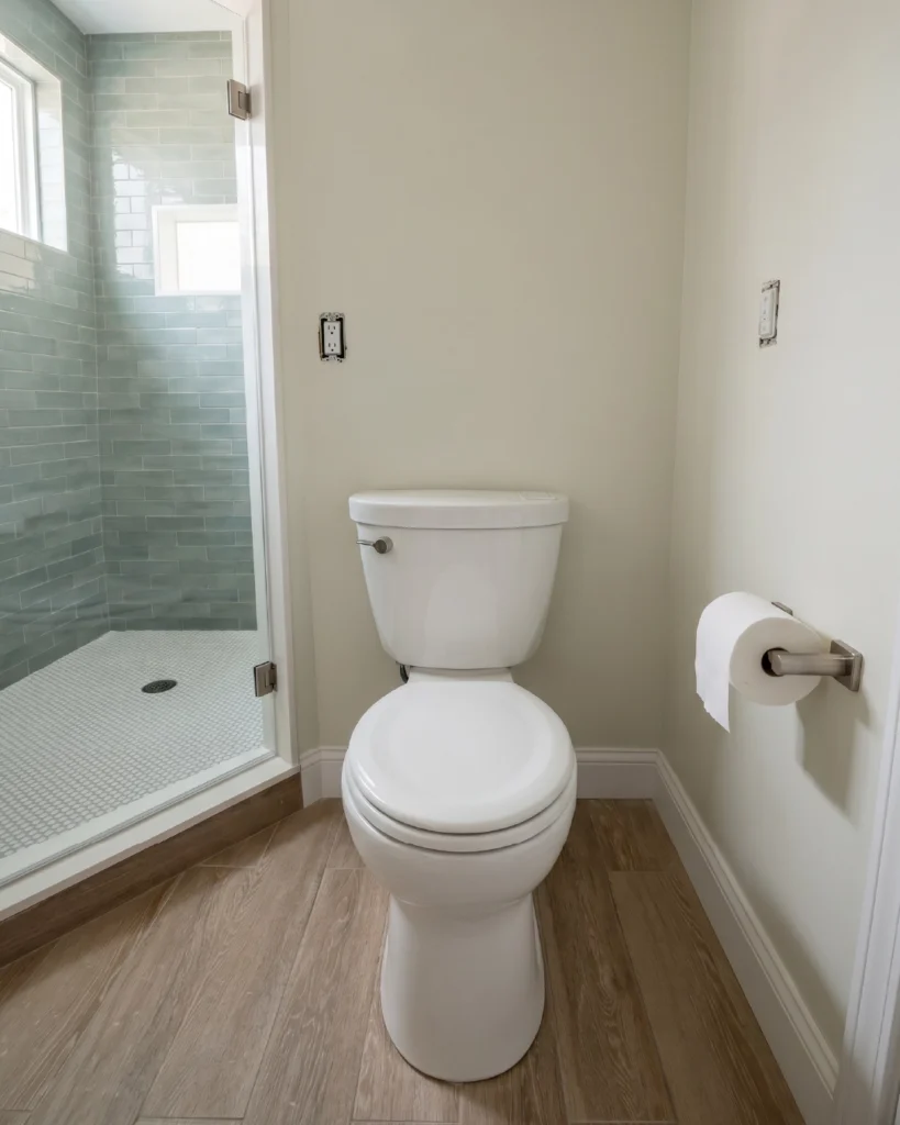 Bathroom with wood-look floor, white toilet and glass shower
