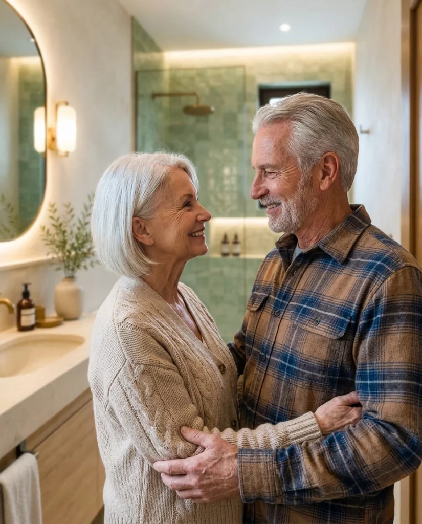 Older couple smiling together in their remodeled bathroom